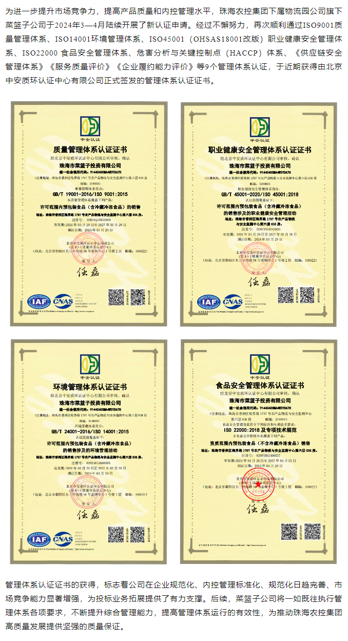 规范内控管理 助力投标业务拓展 乐鱼官网网页版-乐鱼（中国）官方
集团旗下菜篮子公司获9个管理体系认证证书.png